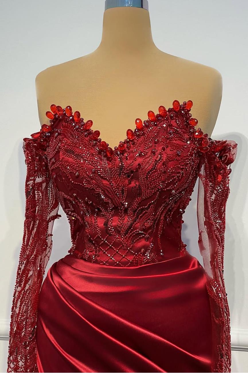 Sheath/Column Prom Dress Long Sleeve Off the Shoulder Formal Dress With Beadings and Rhinestones