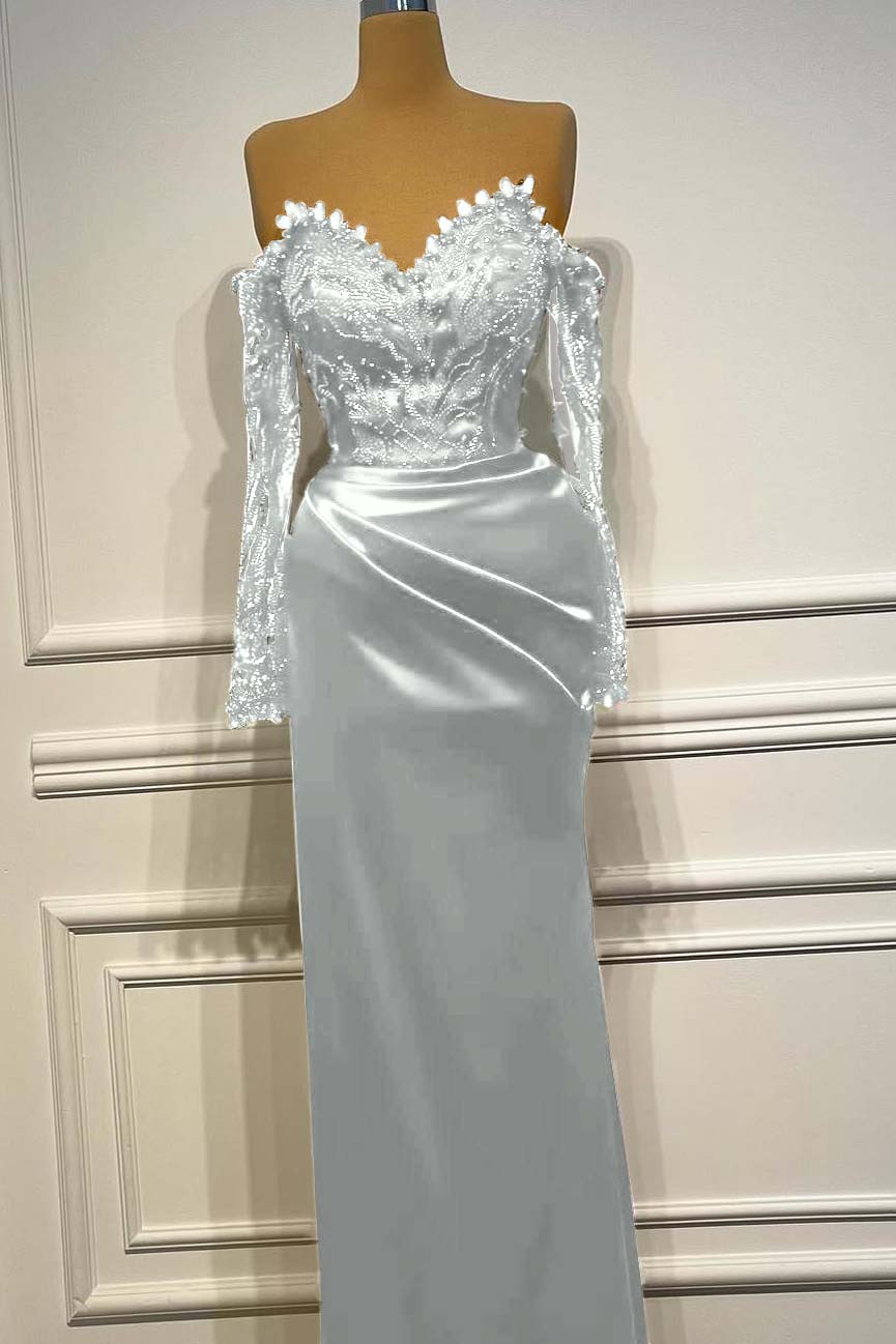 Sheath/Column Prom Dress Long Sleeve Off the Shoulder Formal Dress With Beadings and Rhinestones