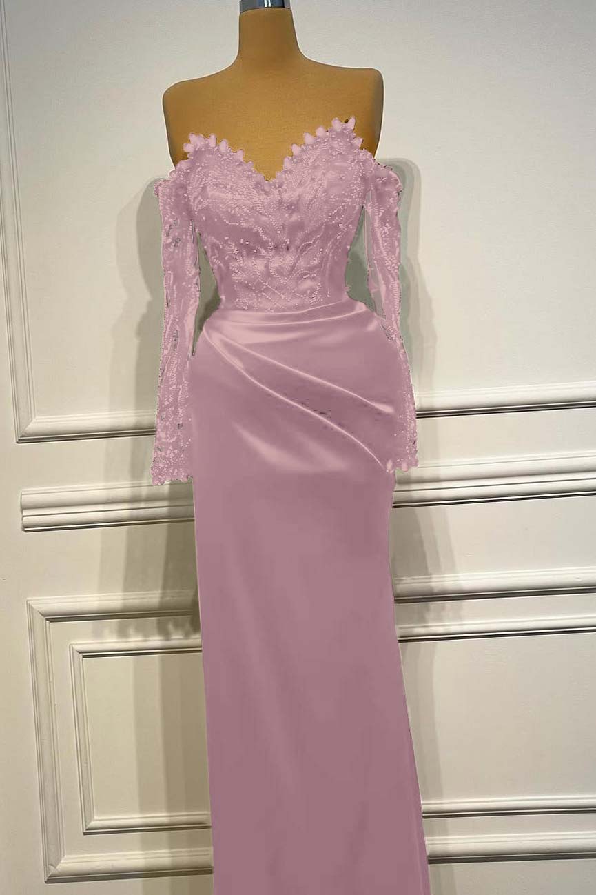 Sheath/Column Prom Dress Long Sleeve Off the Shoulder Formal Dress With Beadings and Rhinestones