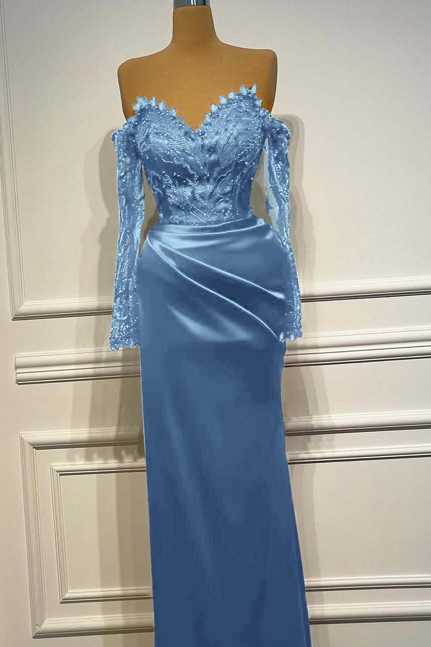 Sheath/Column Prom Dress Long Sleeve Off the Shoulder Formal Dress With Beadings and Rhinestones