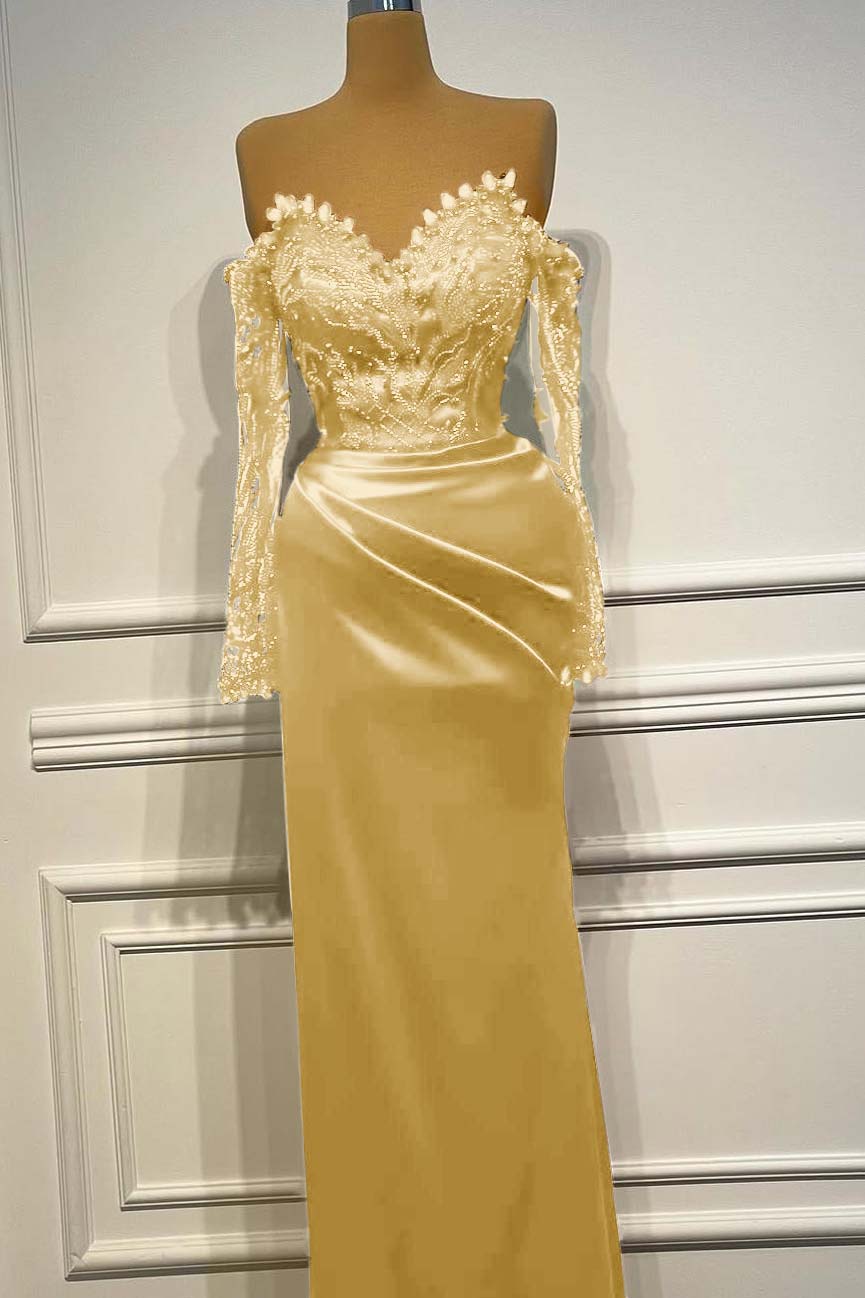 Sheath/Column Prom Dress Long Sleeve Off the Shoulder Formal Dress With Beadings and Rhinestones