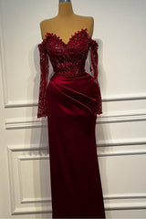 Sheath/Column Prom Dress Long Sleeve Off the Shoulder Formal Dress With Beadings and Rhinestones