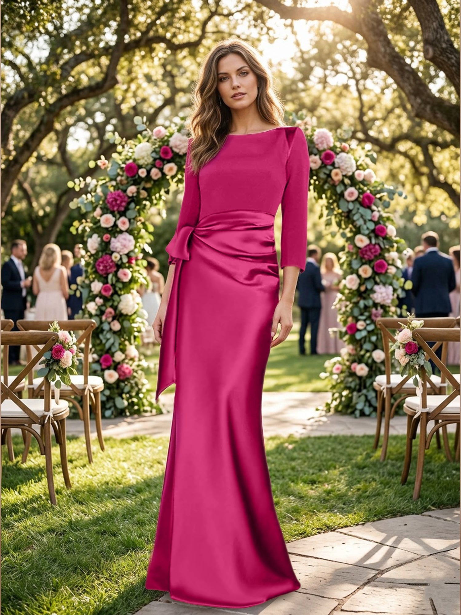 Sheath/Column Scoop 3/4 Length Sleeves Floor-Length Mother of the Bride Dresses with Bow