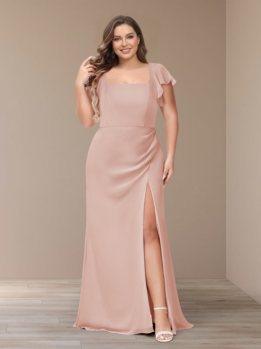 Sheath/Column Short Sleeves Chiffon Plus Size Bridesmaid Dresses with Split Side
