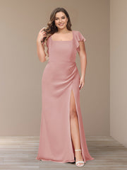 Sheath/Column Short Sleeves Chiffon Plus Size Bridesmaid Dresses with Split Side
