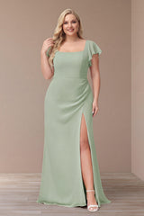 Sheath/Column Short Sleeves Chiffon Plus Size Bridesmaid Dresses with Split Side