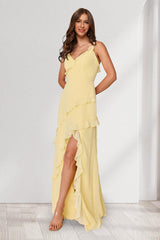 Sheath/Column Spaghetti Straps Sleeveless Long Bridesmaid Dresses with Ruffles & Split Side