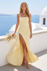 Sheath/Column Strapless Pleated Ruffle Maxi Bridesmaid Dresses with Split Side