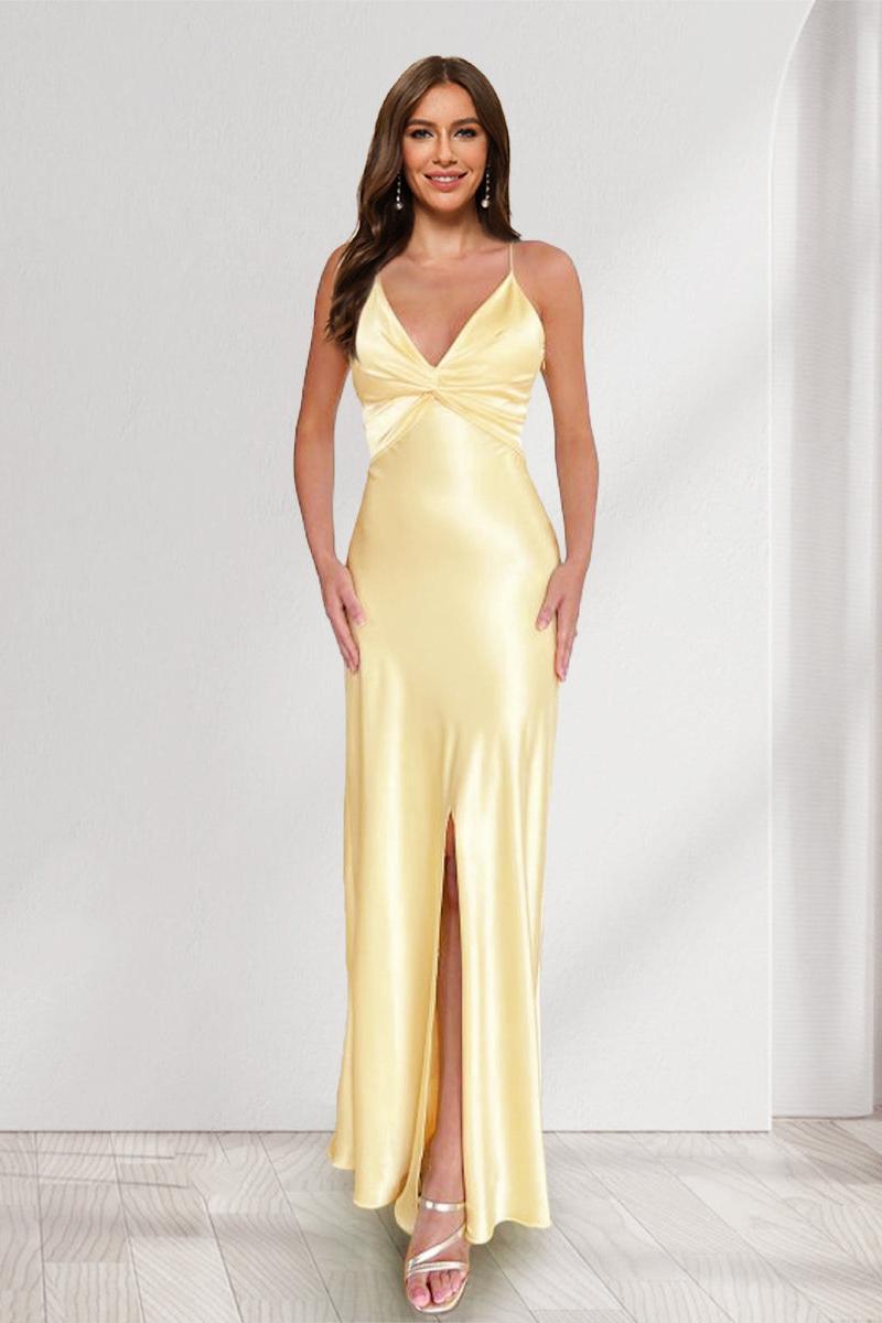 Sheath/Column Straps V-Neck Pleated Long Bridesmaid Dresses with Split Side