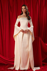 Sheath/Column Wedding Dress Long Sleeve Off the Shoulder Satin Bridal Gown