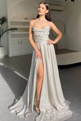 Dressystars Shimmering Silver Cowl Neck A-Line Prom Dress With Spaghetti Straps And High Leg Slit Formal Evening Gown