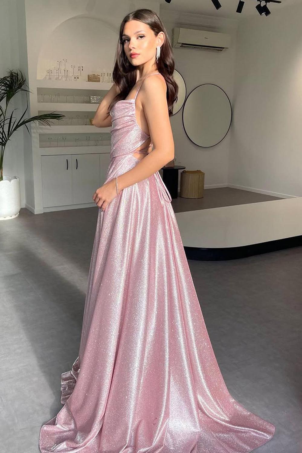 Dressystars Shimmering Silver Cowl Neck A-Line Prom Dress With Spaghetti Straps And High Leg Slit Formal Evening Gown