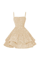 Shining Pink Homecoming Dress Spaghetti Straps Sleeveless Ball Gown Short Dress With Sequins