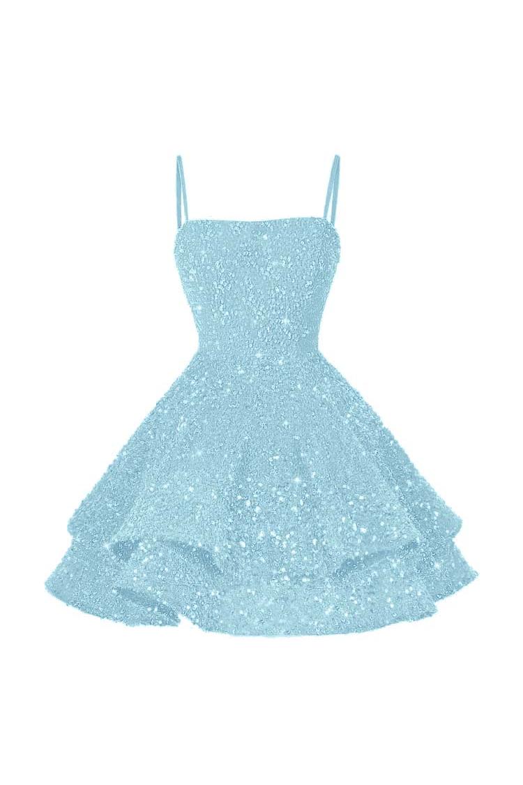 Shining Pink Homecoming Dress Spaghetti Straps Sleeveless Ball Gown Short Dress With Sequins