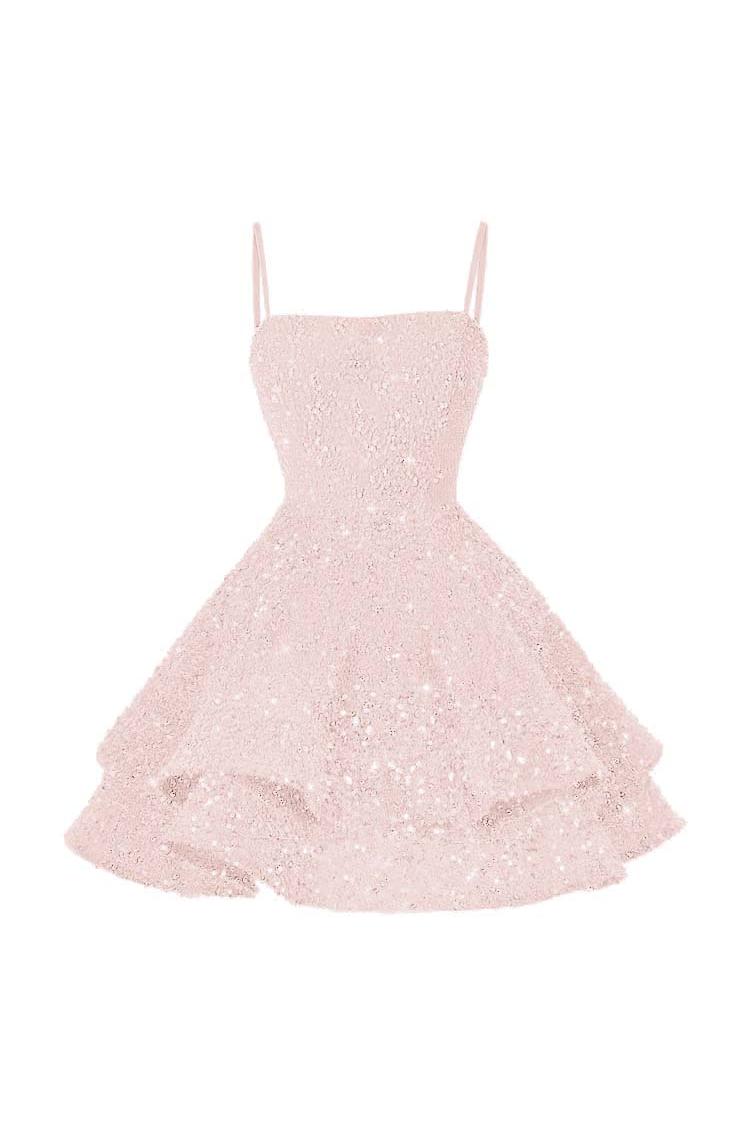 Shining Pink Homecoming Dress Spaghetti Straps Sleeveless Ball Gown Short Dress With Sequins