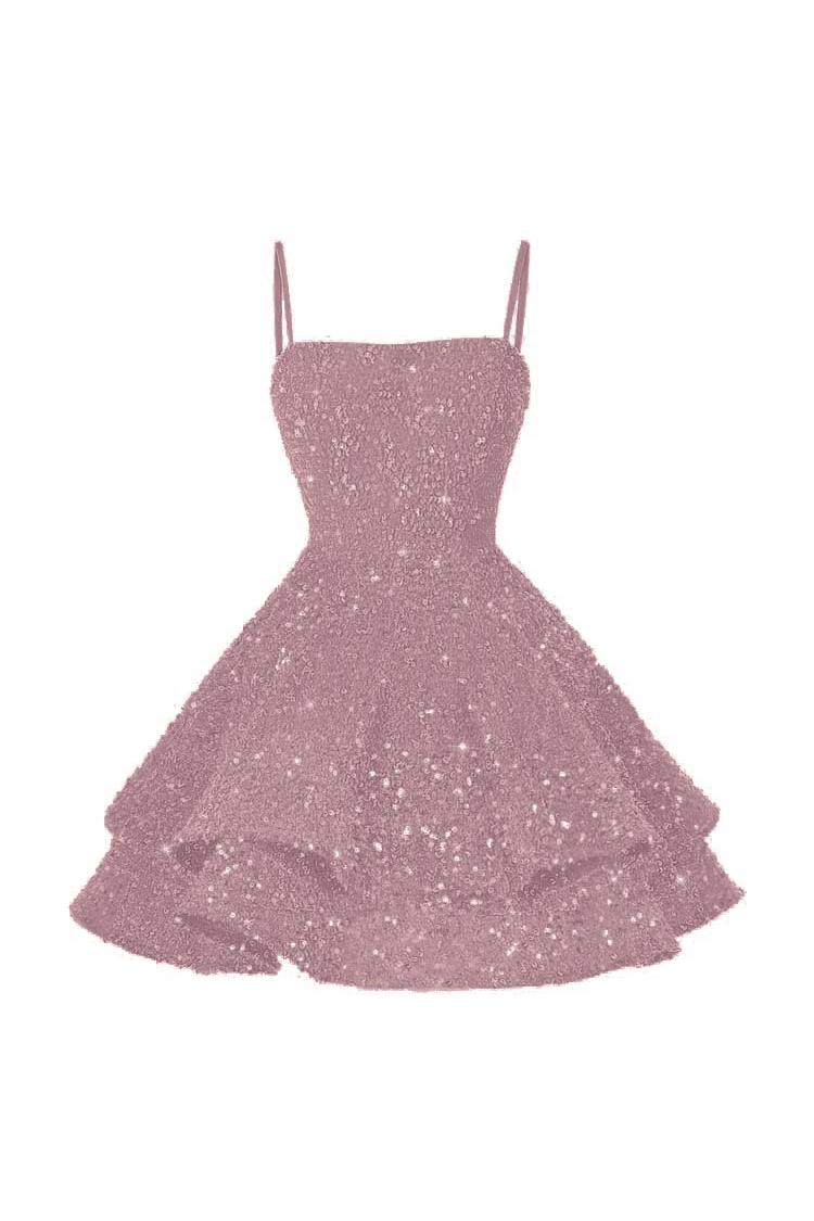Shining Pink Homecoming Dress Spaghetti Straps Sleeveless Ball Gown Short Dress With Sequins