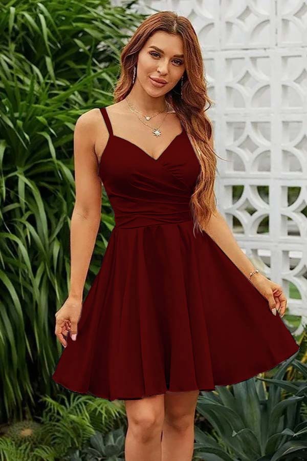Shining Pink Homecoming Dress Spaghetti Straps Sleeveless V Neck Pleated Short Dress