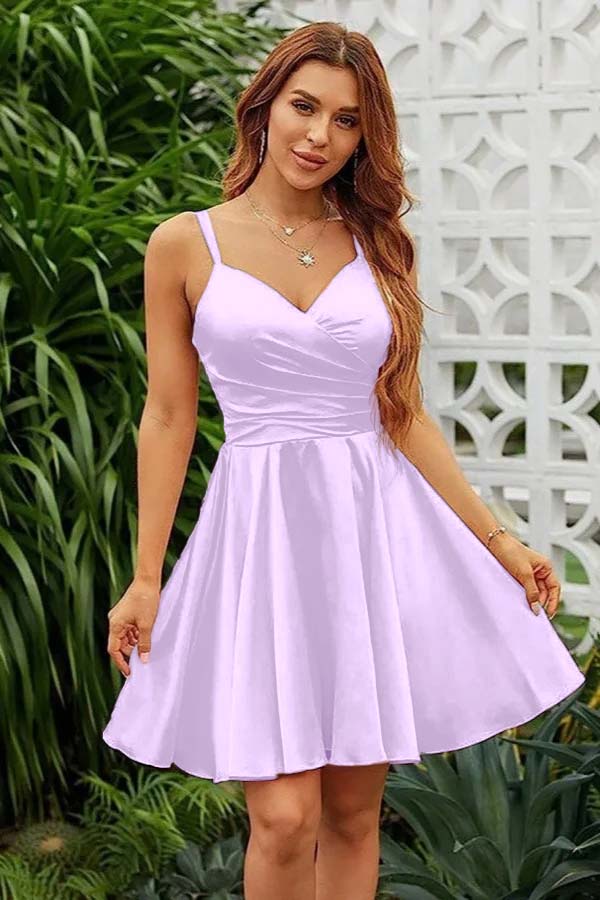 Shining Pink Homecoming Dress Spaghetti Straps Sleeveless V Neck Pleated Short Dress