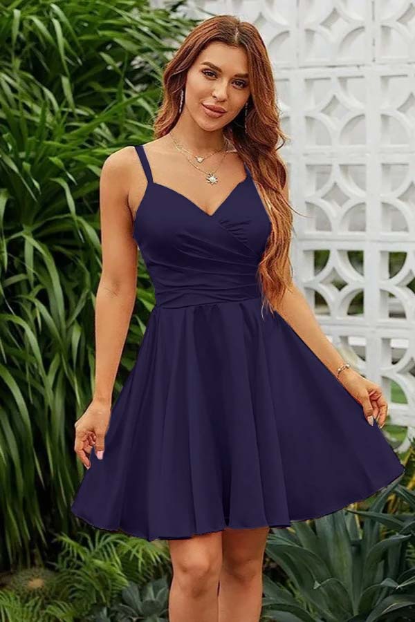 Shining Pink Homecoming Dress Spaghetti Straps Sleeveless V Neck Pleated Short Dress