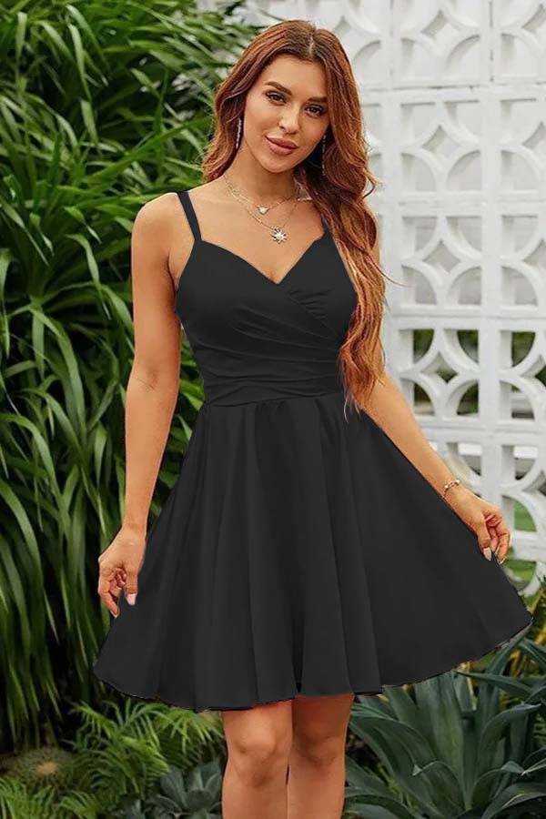 Shining Pink Homecoming Dress Spaghetti Straps Sleeveless V Neck Pleated Short Dress