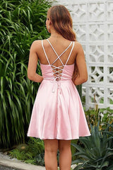 Shining Pink Homecoming Dress Spaghetti Straps Sleeveless V Neck Pleated Short Dress