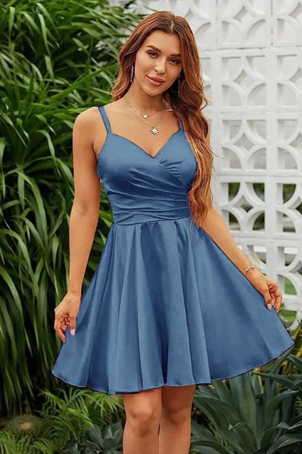 Shining Pink Homecoming Dress Spaghetti Straps Sleeveless V Neck Pleated Short Dress