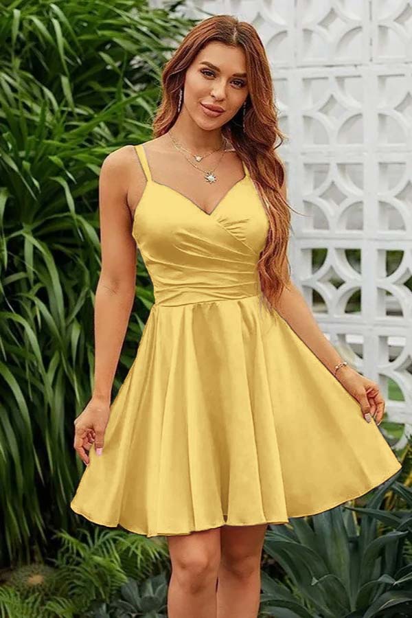 Shining Pink Homecoming Dress Spaghetti Straps Sleeveless V Neck Pleated Short Dress