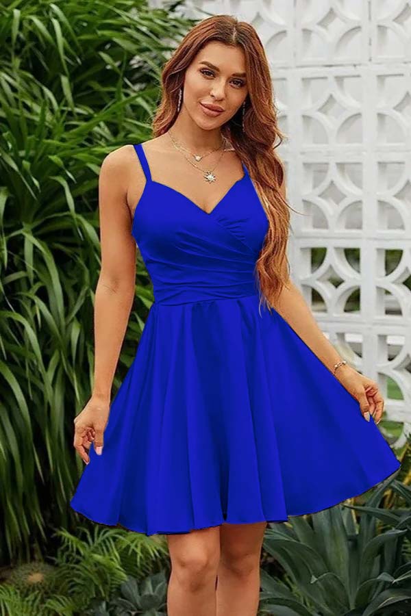 Shining Pink Homecoming Dress Spaghetti Straps Sleeveless V Neck Pleated Short Dress