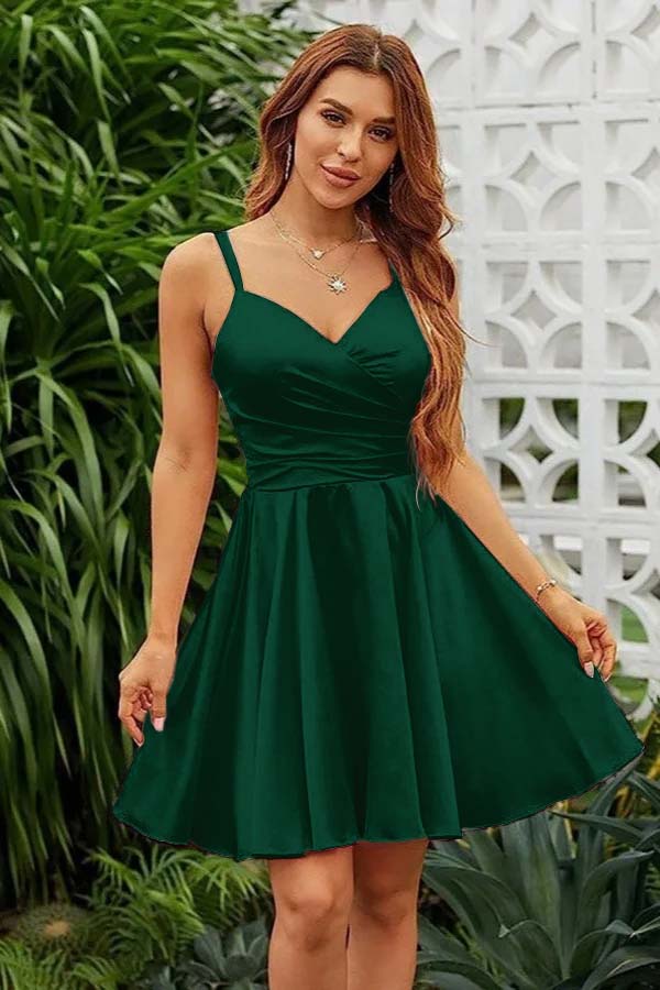 Shining Pink Homecoming Dress Spaghetti Straps Sleeveless V Neck Pleated Short Dress