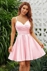 Shining Pink Homecoming Dress Spaghetti Straps Sleeveless V Neck Pleated Short Dress