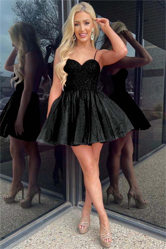 Shinning Spaghetti Straps Homecoming Dress Sleeveless Short A Line Cocktail Dress With Sequins