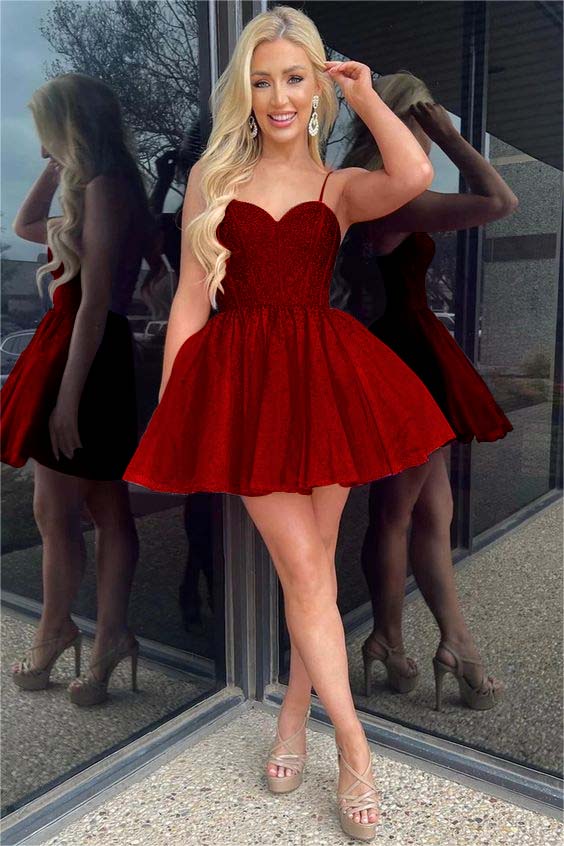 Shinning Spaghetti Straps Homecoming Dress Sleeveless Short A Line Cocktail Dress With Sequins