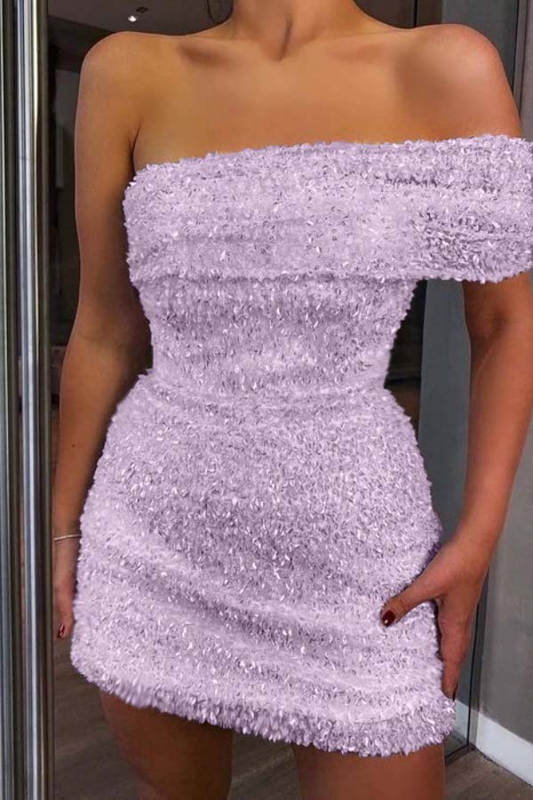 Shinning White Sequined Homecoming Dress One Shoulder Strapless Sleeveless Short Cocktail Dress