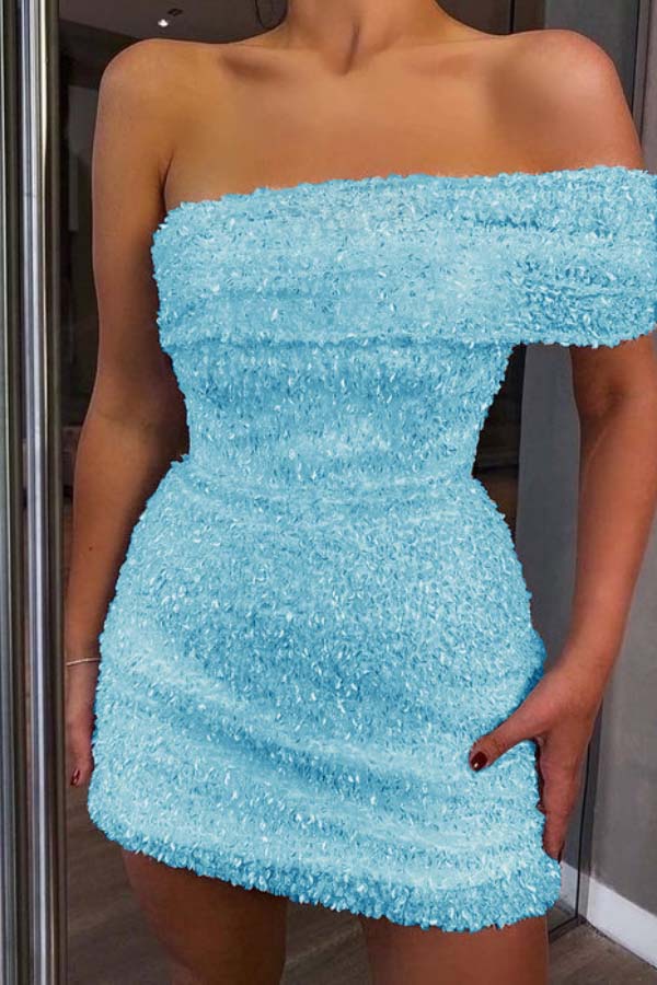 Shinning White Sequined Homecoming Dress One Shoulder Strapless Sleeveless Short Cocktail Dress