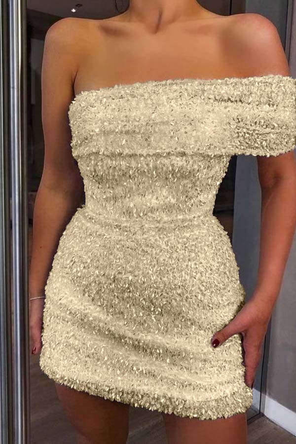 Shinning White Sequined Homecoming Dress One Shoulder Strapless Sleeveless Short Cocktail Dress