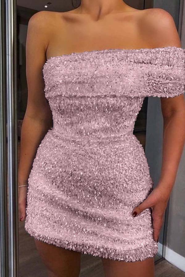 Shinning White Sequined Homecoming Dress One Shoulder Strapless Sleeveless Short Cocktail Dress