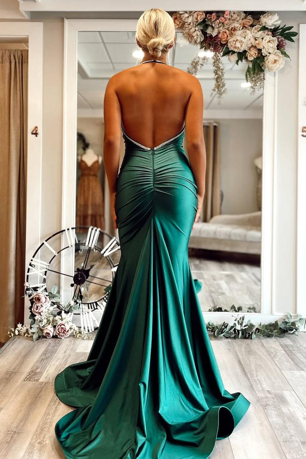 Emerald Green Satin Mermaid Gown With Halter And Open Back Prom Dress Formal Evening Gown