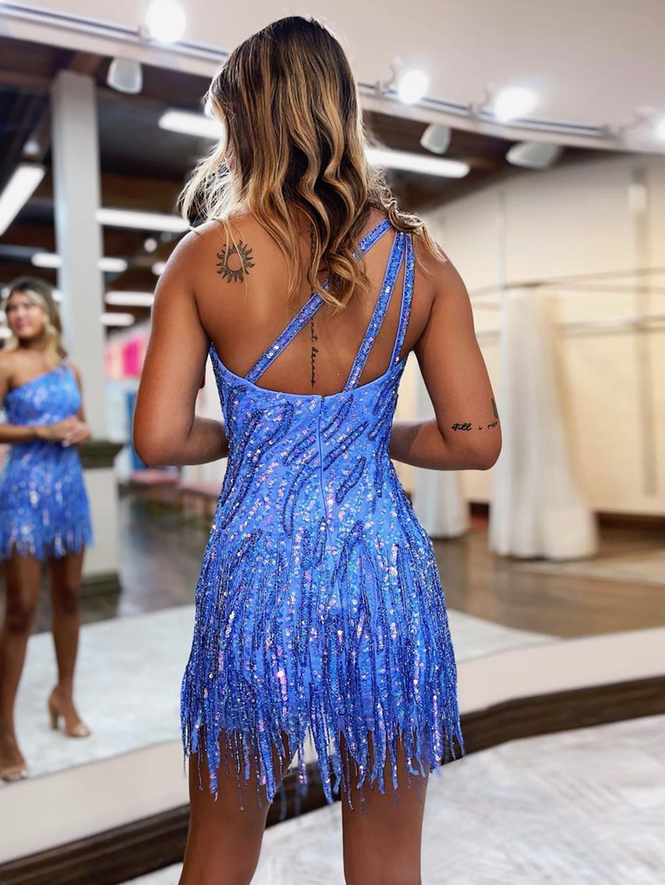 Shiny Homecoming Dress Blue One Shoulder Sequin Bodycon Hoco with Fringes Short Party Cocktail Dress