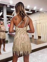 Shiny Homecoming Dress Blue One Shoulder Sequin Bodycon Hoco with Fringes Short Party Cocktail Dress