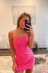 Shiny Homecoming Dress Bodycon Scoop Sequin Girly pink Bodycon Fitting Short Party Cocktail Dress