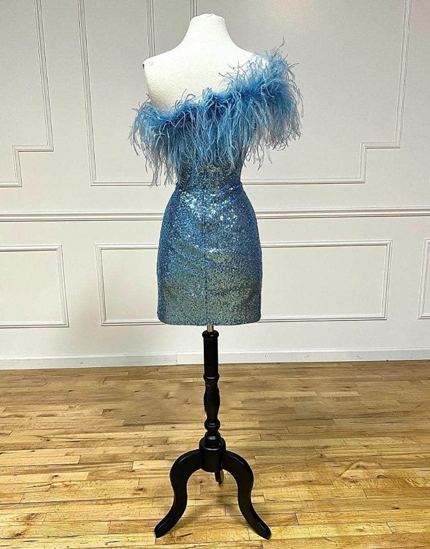 Shiny Homecoming Dress Bodycon Sequin Style with Chic Feather Short Party Cocktail Dress