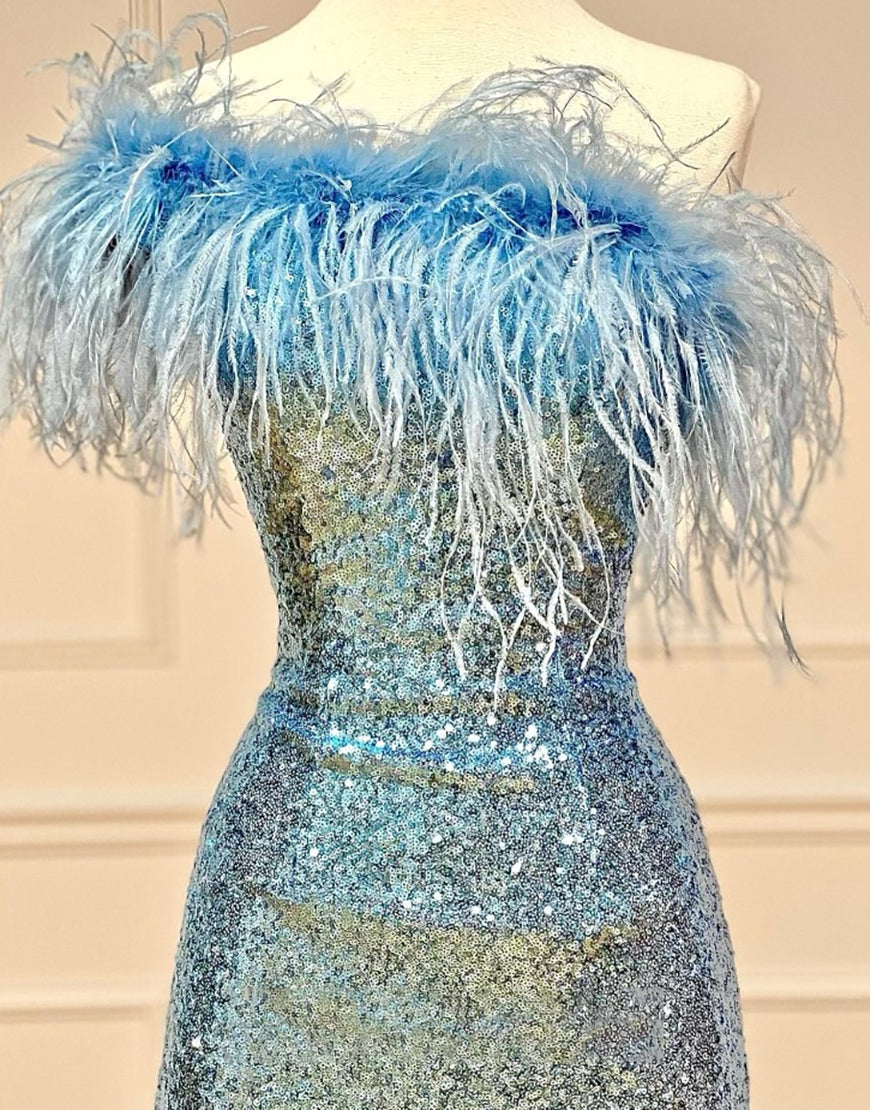 Shiny Homecoming Dress Bodycon Sequin Style with Chic Feather Short Party Cocktail Dress