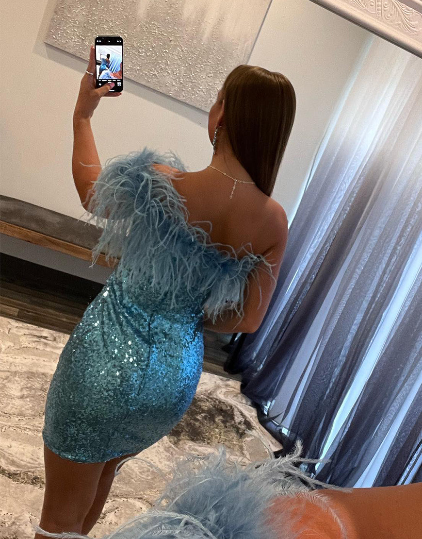 Shiny Homecoming Dress Bodycon Sequin Style with Chic Feather Short Party Cocktail Dress