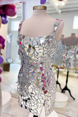 Shiny Homecoming Dress Silver Scoop Neck Mirror Bodycon Short Party Cocktail Dress