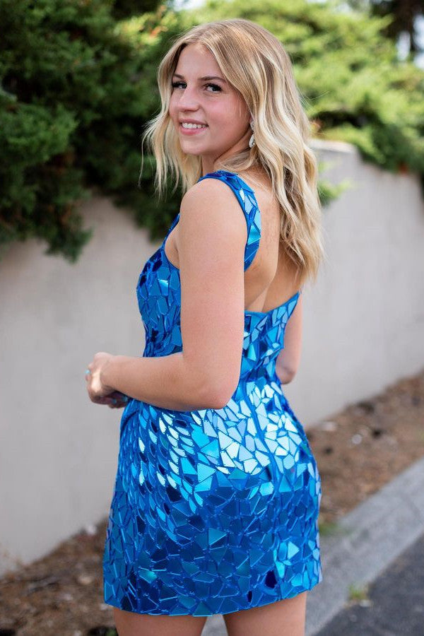 Shiny Homecoming Dress Silver Scoop Neck Mirror Bodycon Short Party Cocktail Dress