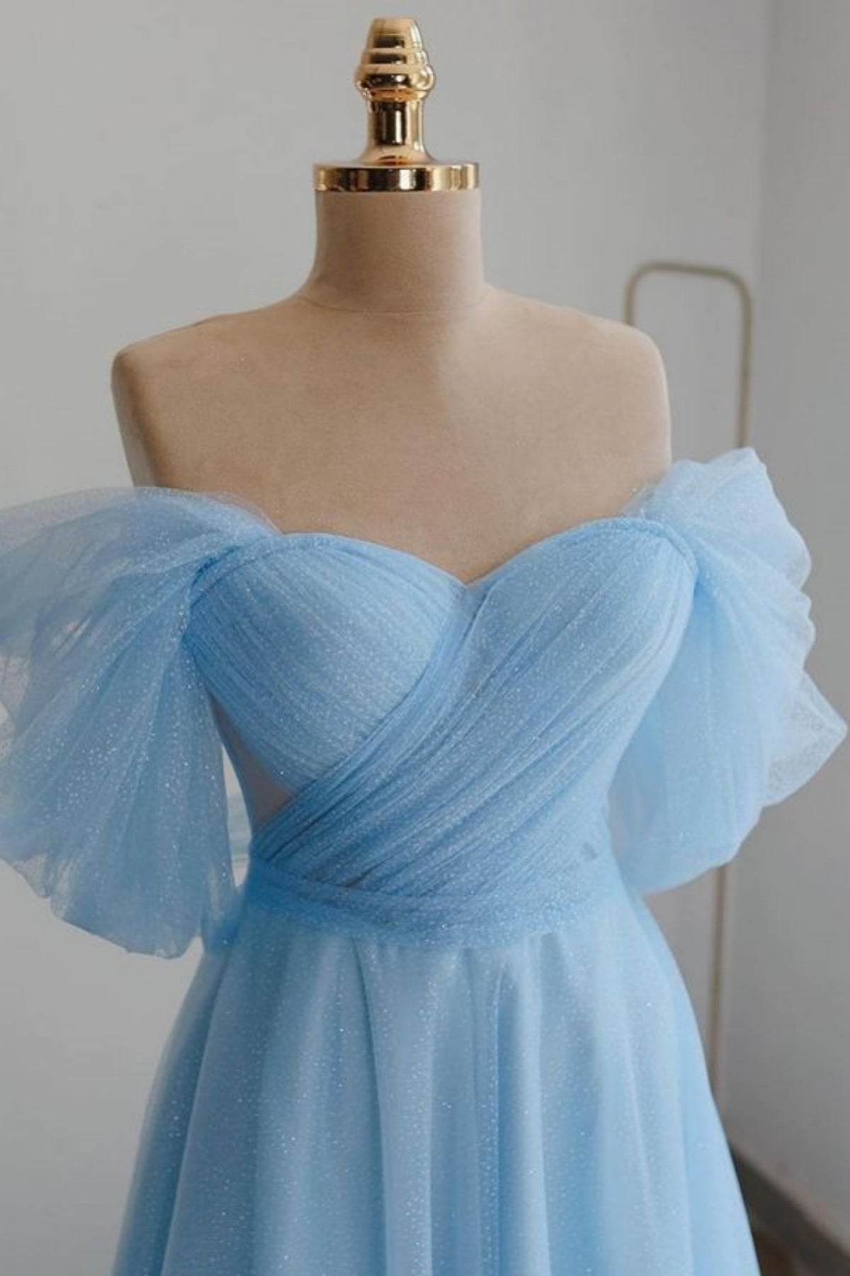 Shiny Tulle Prom Dress Off the Shoulder Light Blue Tea Length Evening Dress