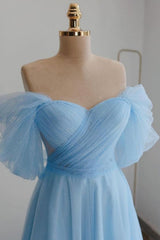 Shiny Tulle Prom Dress Off the Shoulder Light Blue Tea Length Evening Dress
