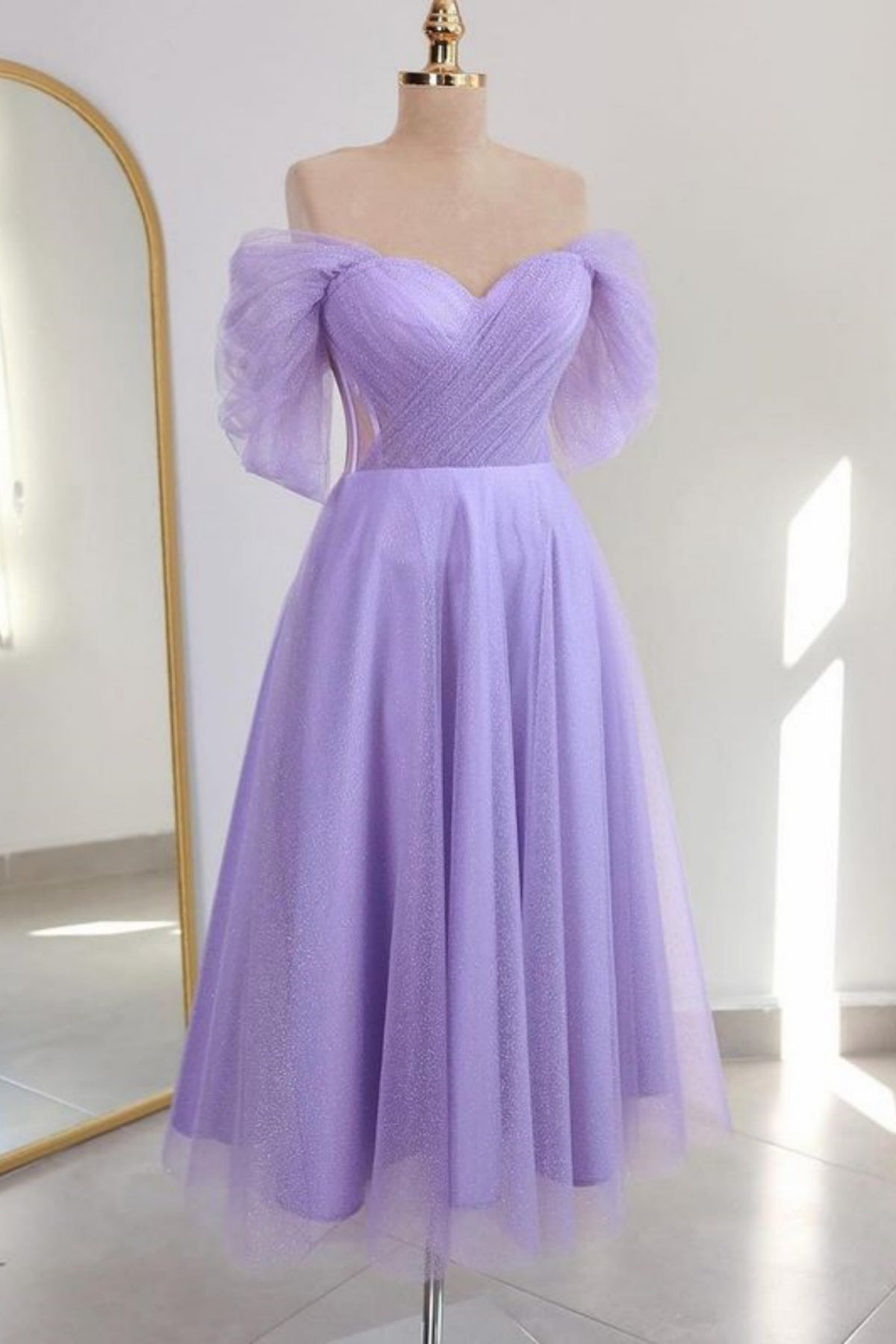 Shiny Tulle Prom Dress Off the Shoulder Light Blue Tea Length Evening Dress