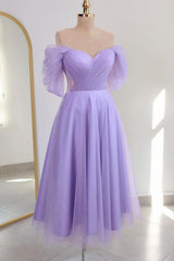 Shiny Tulle Prom Dress Off the Shoulder Light Blue Tea Length Evening Dress