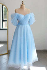 Shiny Tulle Prom Dress Off the Shoulder Light Blue Tea Length Evening Dress